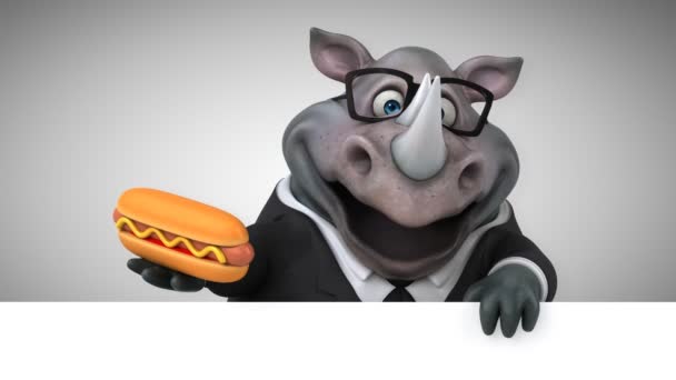 Divertido Rinoceronte Sosteniendo Hotdog Animación — Vídeo de stock