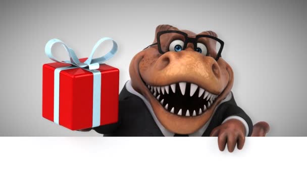 Динозавр Смішний Мультиплікаційний Персонаж Тримає Подарунок Анімація — стокове відео