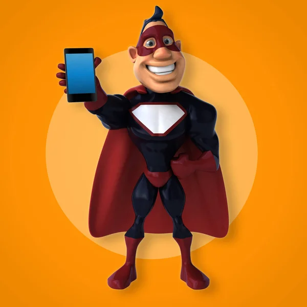 Caractère Super Héros Amusant Avec Smartphone Illustration — Photo