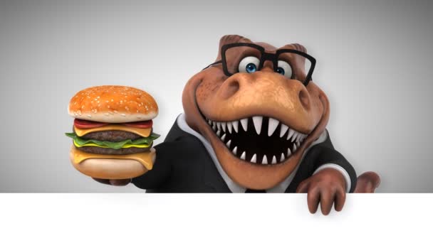Динозавр Смішний Мультиплікаційний Персонаж Тримає Гамбургер Анімація — стокове відео