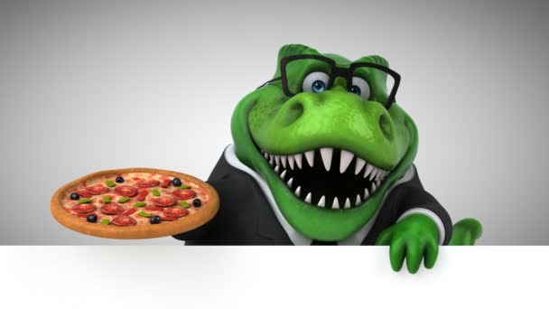 Δεινόσαυρος Αστεία Κινούμενα Σχέδια Χαρακτήρα Κρατώντας Πίτσα Animation — Αρχείο Βίντεο
