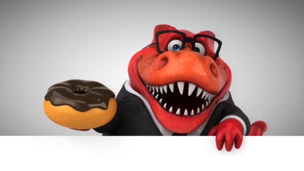 Dinosaurus Grappige Cartoon Karakter Bedrijf Donut — Stockvideo
