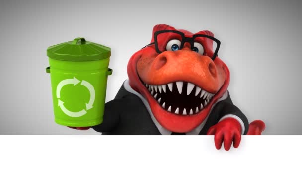 Dinosaur Funny Cartoon Character Holding Bin — Stock Video