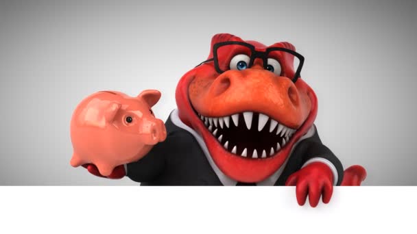 Dinosaur Funny Cartoon Character Holding Piggy Bank — Stock Video