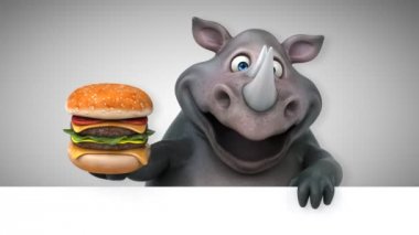 Eğlenceli gergedan hamburger - 3d animasyon holding