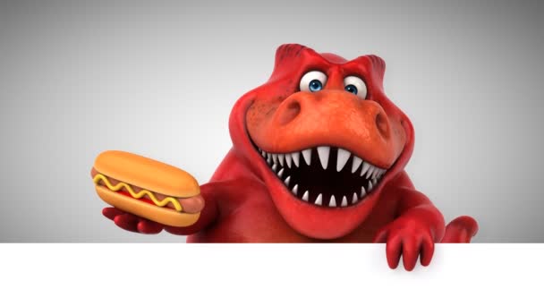 Dinosaurio Divertido Personaje Dibujos Animados Sosteniendo Hotdog Animación — Vídeos de Stock