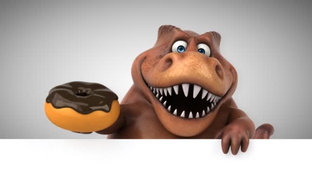 Dinossauro Personagem Engraçado Dos Desenhos Animados Segurando Donut — Vídeo de Stock
