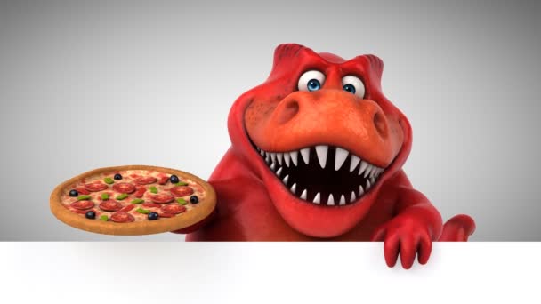 Dinosaur Funny Cartoon Character Holding Pizza Animation — Stock Video