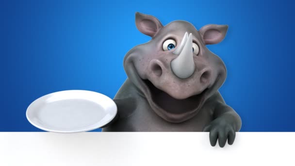 Забавный Носорог Держащий Тарелку Анимация — стоковое видео