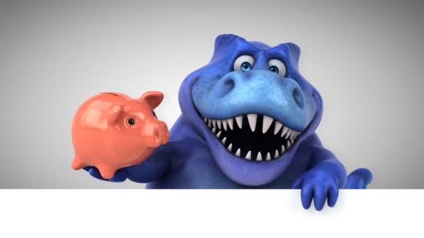 Dinosaur Funny Cartoon Character Holding Piggy Bank — Stock Video