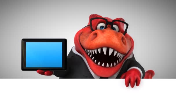 Dinosaurie Rolig Tecknad Karaktär Innehav Tablet Animation — Stockvideo