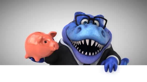 Dinosaur Funny Cartoon Character Holding Piggy Bank — Stock Video