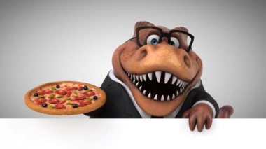dinozor, komik çizgi film karakteri pizza - 3d animasyon holding 