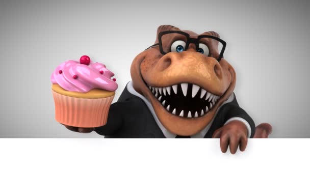 Dinosauro Personaggio Dei Cartoni Animati Che Tiene Cupcake Animazione — Video Stock