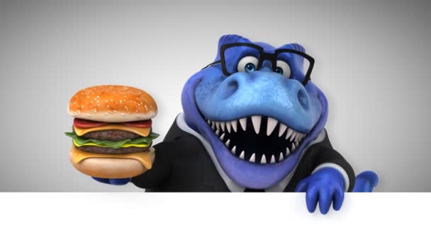 Dinosaurio Divertido Personaje Dibujos Animados Que Sostiene Hamburguesa Animación — Vídeo de stock