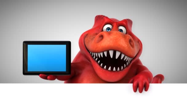 Dinosaurio Divertido Personaje Dibujos Animados Celebración Tableta Animación — Vídeos de Stock