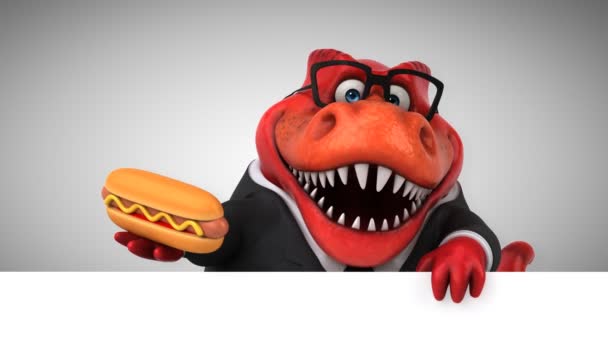 Dinosaurio Divertido Personaje Dibujos Animados Sosteniendo Hotdog Animación — Vídeo de stock