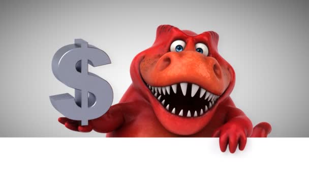 Dinosaur Смешной Персонаж Мультфильма Держа Доллар — стоковое видео
