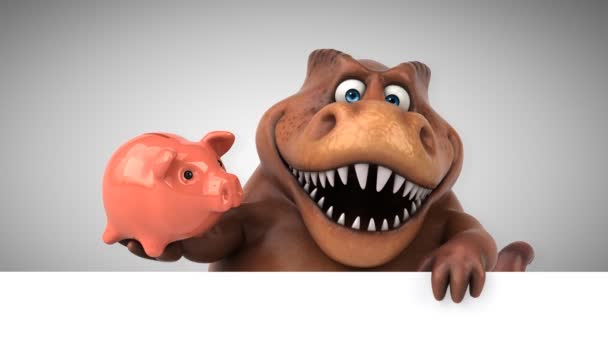 Dinossauro Personagem Engraçado Dos Desenhos Animados Segurando Porquinho Banco — Vídeo de Stock