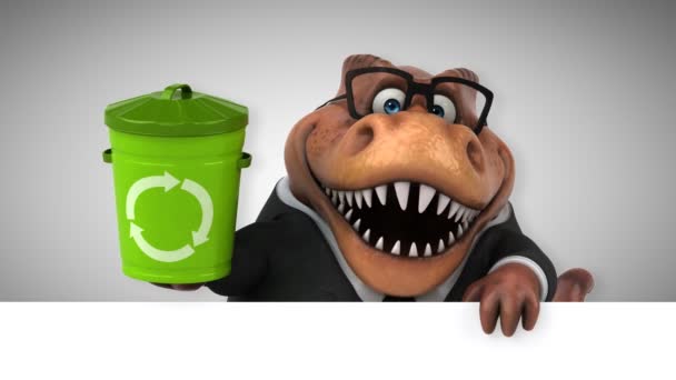 Dinosaur Funny Cartoon Character Holding Bin — Stock Video