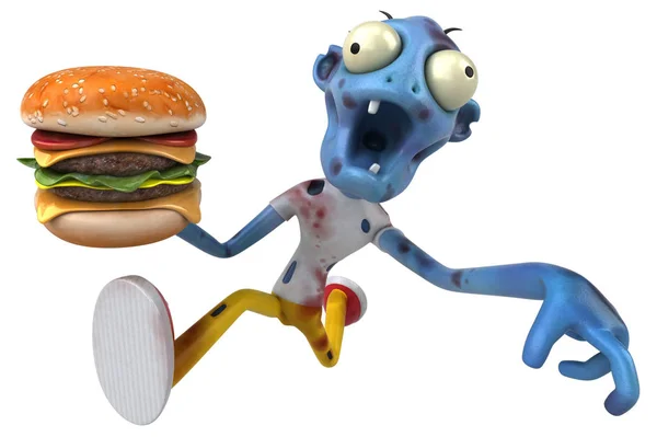 funny cartoon character with hamburger  - 3D Illustration