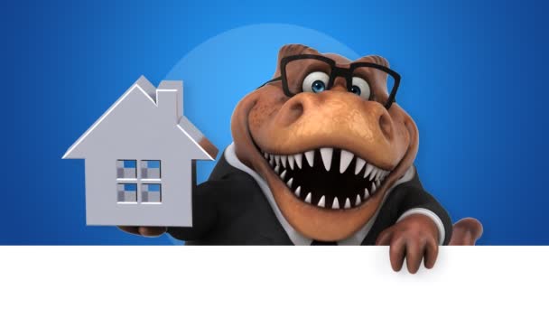 Dinosaur Funny Cartoon Character Holding House — Stock Video