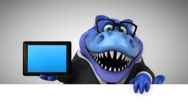 Dinosaur Funny Cartoon Character Holding Tablet Animation — Stock Video