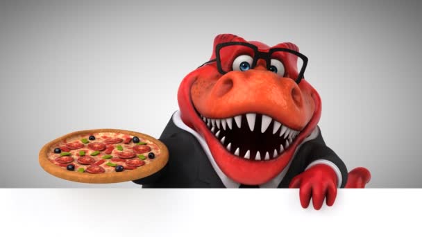 Dinosaur Funny Cartoon Character Holding Pizza Animation — Stock Video