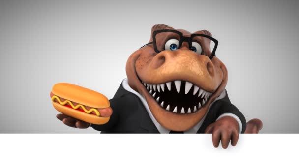 Dinoszaurusz Vicces Rajzfilmfigura Holding Hotdog Animáció — Stock videók