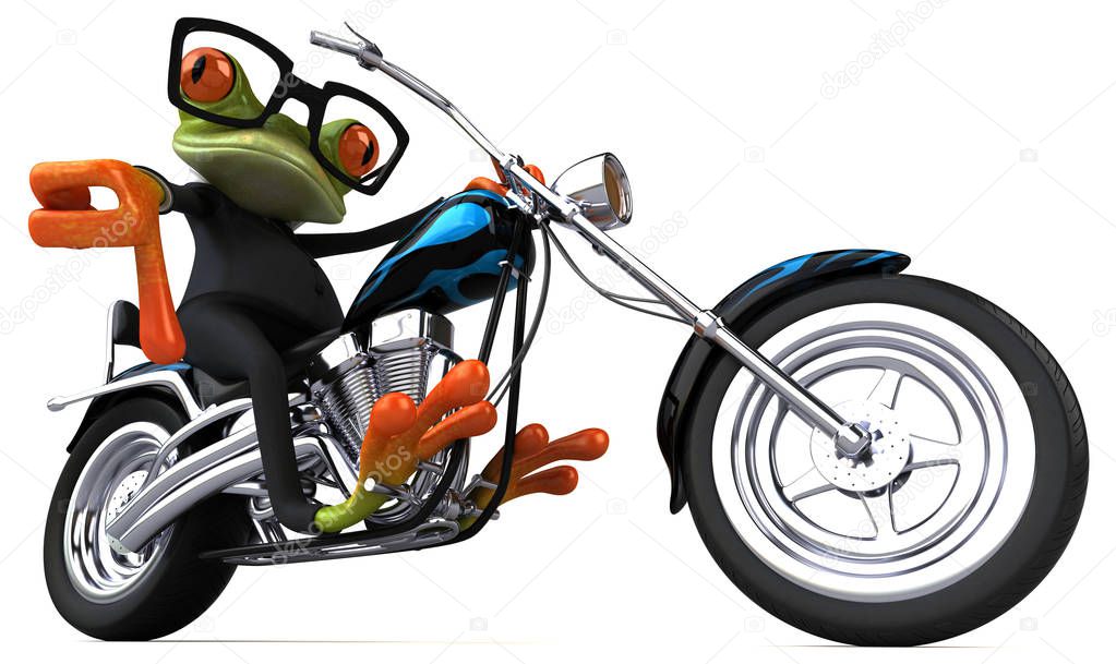 Funny cartoon character on motorbike    - 3D Illustration