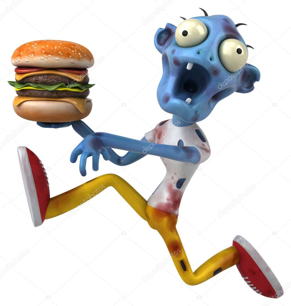 Fun zombie character with  hamburger - 3D Illustration