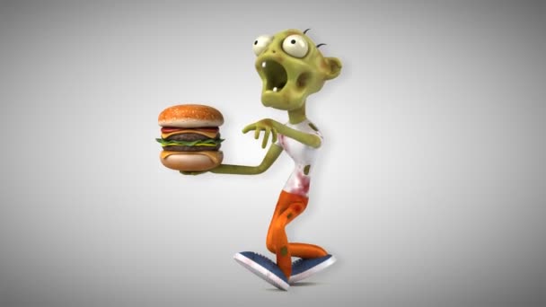 Zombie Divertido Personaje Dibujos Animados Con Hamburguesa Animación — Vídeos de Stock