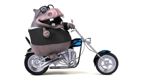 Grappige Cartoon Karakter Nijlpaard Motorfiets Animatie — Stockvideo