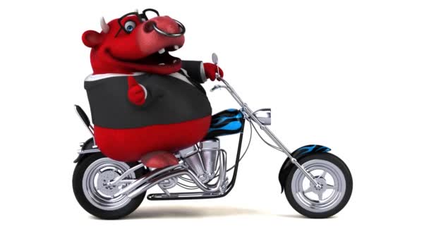 Lustige Zeichentrickfigur Bulle Auf Motorrad Animation — Stockvideo