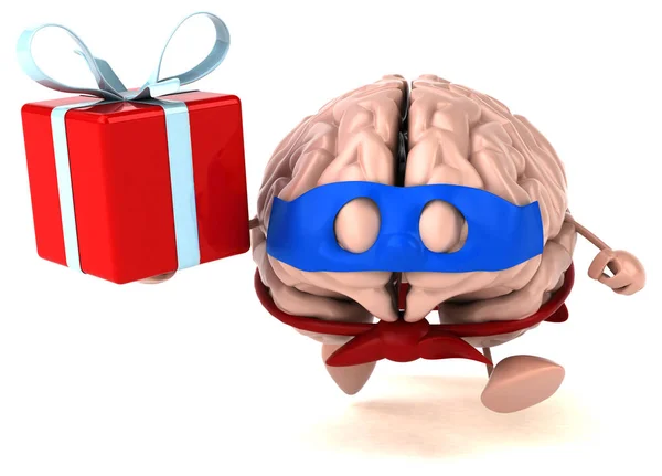Funny Brain Character Holding Gift — Stock Photo, Image