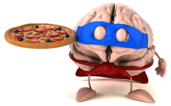 Grappige Hersenen Karakter Bedrijf Pizza — Stockfoto