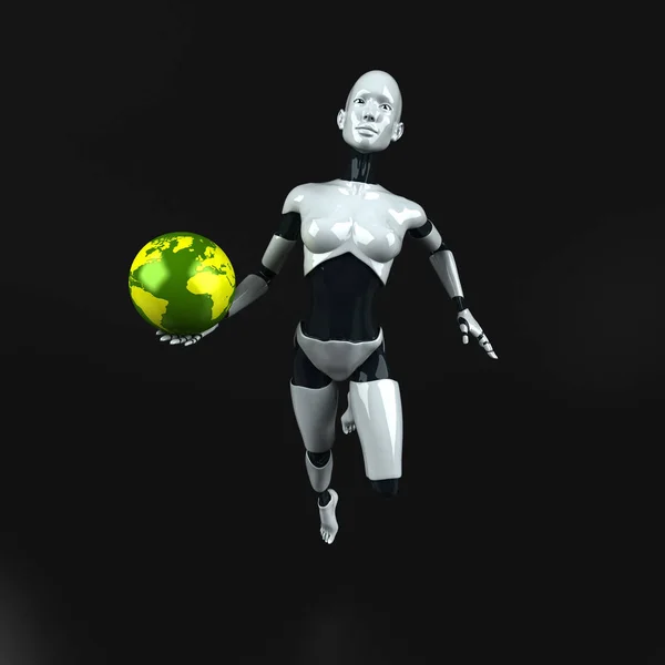 Kul Robot Karaktär Med Planet Illustration — Stockfoto