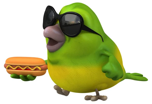 Leuke Groene Vogel Met Hotdog Illustratie — Stockfoto