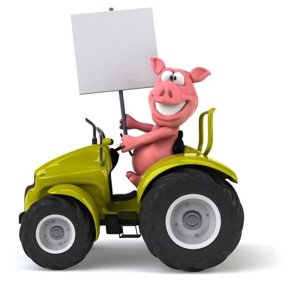 Funny cartoon character on tractor  - 3D illustration