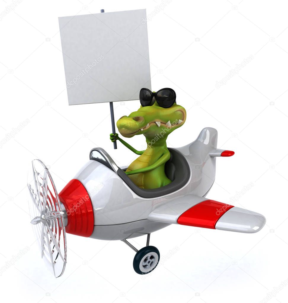 Funny cartoon character on plane  - 3D illustration 