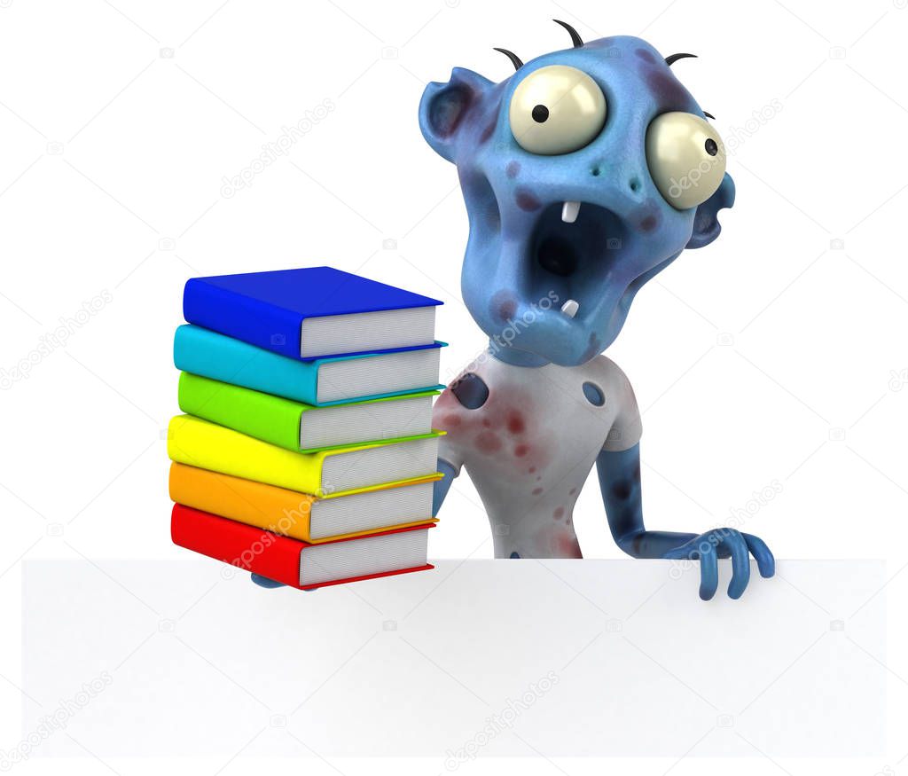Funny cartoon character with books    - 3D Illustration