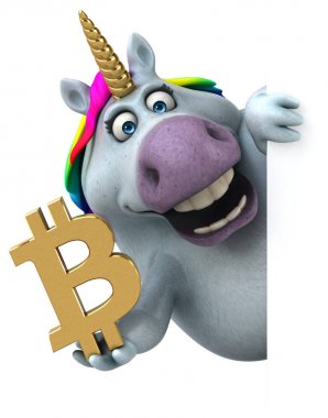 Bitcoin ile eğlenceli tek boynuzlu at - 3D İllüstrasyon