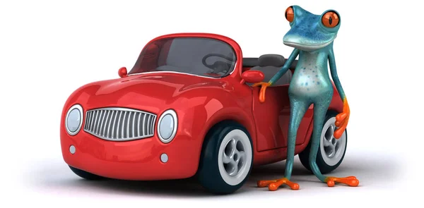 車で楽しむカエル 3Dイラスト — ストック写真