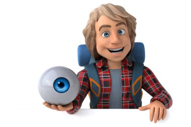 Eğlenceli sırt çantalı, gözü olan çizgi film adamı. 