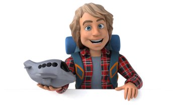 Uçağı olan eğlenceli sırt çantalı karikatürcü. 