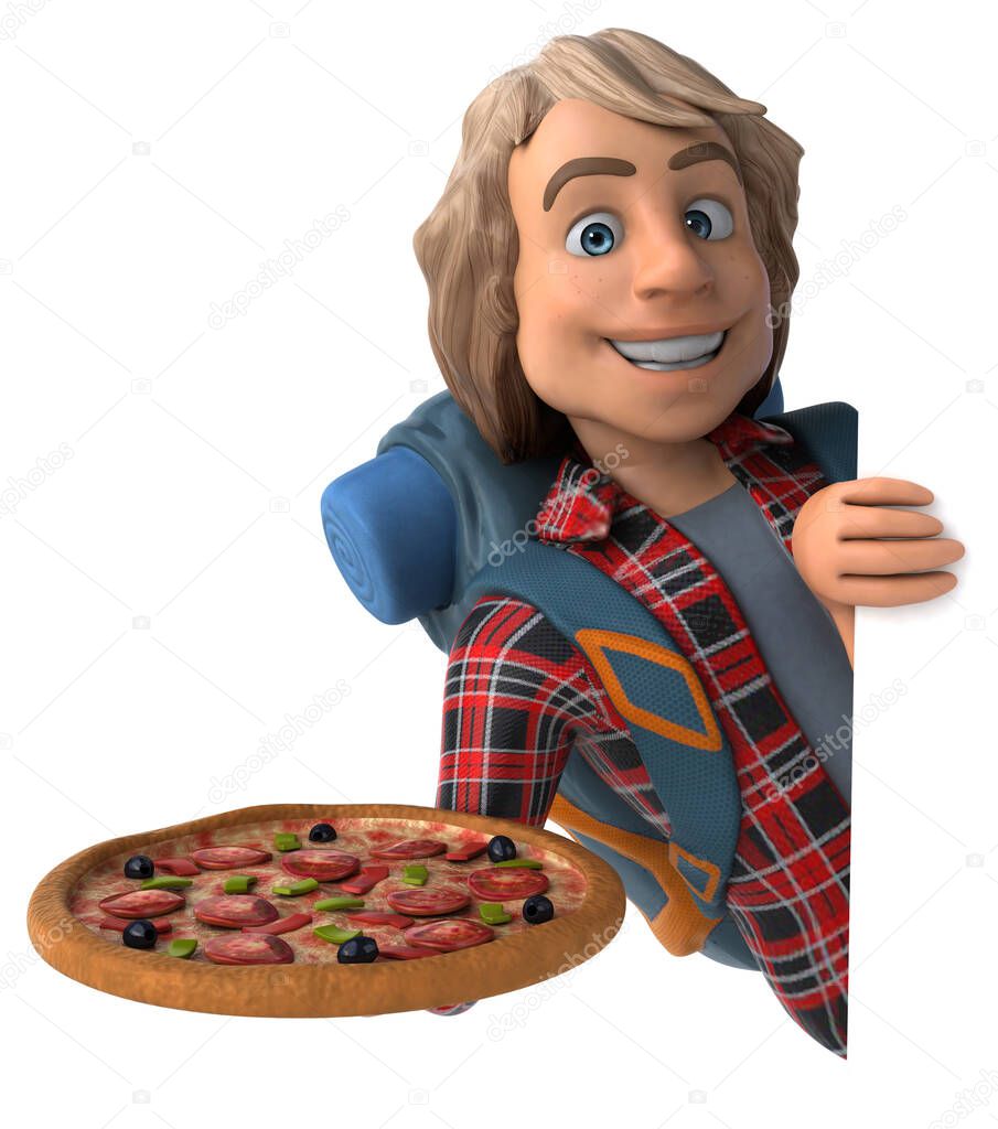 Fun cartoon character with pizza - 3D Illustration