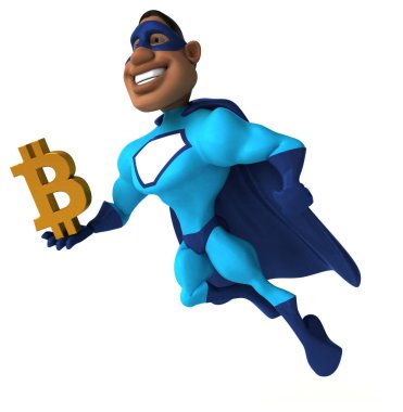 Bitcoin ile eğlenceli süper kahraman - 3D İllüstrasyon