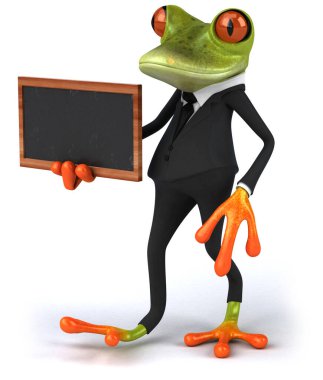 Bir tebeşir tahtası ile Eğlenceli 3d yeşil tropikal kurbağa