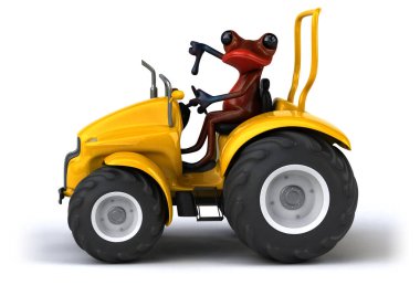 Traktördeki eğlenceli kurbağa - 3D İllüstrasyon