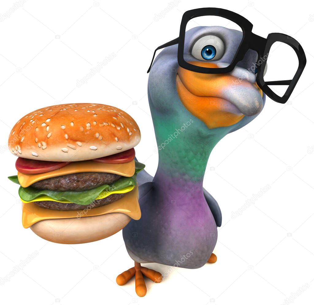 Fun cartoon character with hamburger  - 3D Illustration